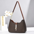 Vintage Karomuster Hobo-Tasche mit braunem Lederbesatz und goldener Metallkette - Kaffee Gitter