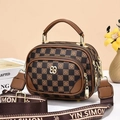 Sac à main vintage à damier avec motifs floraux, fermetures éclair et bandoulière large - Carreaux Café