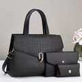 Three-piece black leather handbag set with crocodile pattern flap and gold hardware - 31*13*21*15cm / Black