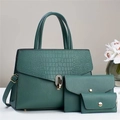 Three-piece dark green handbag set with crocodile pattern and golden metal hardware details - 31*13*21*15cm / Green