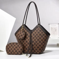 3-piece check tote bag set with round purse and cosmetic pouch in dark brown - 20*12*29cm / Coffee