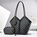 Chic checkered tote bag 3-piece set with crossbody pouch and round charm for women - 20*12*29cm / Black