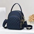 Detail of navy blue quilted nylon crossbody bag with gold zippers and layered storage - Quilted Style (Gold Hardware) / Blue