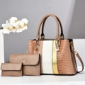 Brown crocodile embossed tote bag set with stylish gold and white vertical stripes - 26*12*19*15cm / Handbag Wallet And Card Holder / Khaki