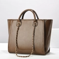Brown glossy leather tote bag with chain strap and top handles for women commute - Khaki