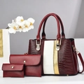 Detail of three-piece burgundy crocodile texture tote bag with matching clutches - 26*12*19*15cm / Handbag Wallet And Card Holder / Red