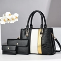 Three-piece set of black crocodile pattern handbags with white and gold contrast stripes - 26*12*19*15cm / Handbag Wallet And Card Holder / Black