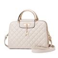 Quilted cream shoulder bag with golden deer pendant and round metallic top handle - Off White