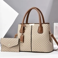 Set borsa tote beige vintage e pochette a busta con dettagli in pelle marrone - Stile Rombo Cachi