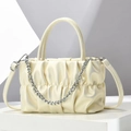 Chic pleated cream handbag with chunky silver chain and adjustable shoulder strap - Gold