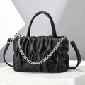 Minimalist black pleated cloud handbag with silver chain and detachable leather strap - Black