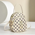 Mini beige plaid crossbody bag with floral patterns and swan pendant accessory - White