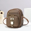 Minimalist brown litchi pattern crossbody bag with golden cat pendant and triple zippers - 16*9*20 / Coffee