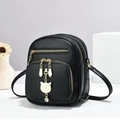 Detail of black faux leather mini bag with gold cat pendant and multi-zip texture - 16*9*20 / Solid Black