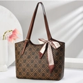 Sac fourre-tout marron élégant à motif damier monogramme avec poignée foulard décoratif - Grand / café
