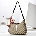 Bolso de hombro a cuadros con correa de cuero marrón y pañuelo de seda floral - 26x6x19cm / Cuadrícula Caqui