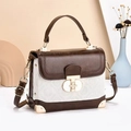 Classic square top-handle bag in brown faux leather and white logo pattern with gold studs - Brown Leather Patchwork Embossed (Style 4) / 20x8x15