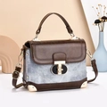 Classic square crossbody bag in brown and blue with metal corner protectors and turn-lock - Dark Brown and Light Blue Denim Texture (Style 2) / 20x8x15