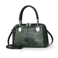 Dark green faux crocodile leather shell bag with black handles and silver hardware - 30*12*18 / Green