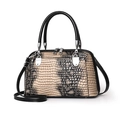 Beige faux leather boston bag with black snake pattern print and double handles - 30*12*18 / Khaki