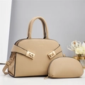 Two-piece beige tote bag and pouch set in lychee grain leather with gold hardware - Khaki