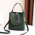 Dark green bucket bag with crocodile texture and detachable strap for women - Army Green