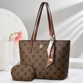 Brown checkerboard tote bag set with matching pouch and decorative silk scarf detail - 32*12*28cm / Letter Print Style (6638) / Coffee