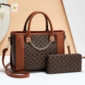 Two-piece printed tote and wallet set with brown faux leather and gold chain detail - Earthy Yellow