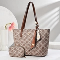 Checkerboard pattern tote bag set in beige with matching small pouch and silk scarf - 32*12*28cm / Letter Print Style (6638) / Khaki
