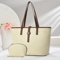 Ensemble sac cabas beige en similicuir avec anses brunes et petite pochette zippée assortie - Blanc Cassé