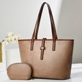 Brown tote bag and small zip pouch set with gold buckle details on a white pedestal - Khaki