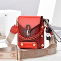 Red crocodile texture mini bag with golden chain and stylish woven shoulder strap - Wine Red