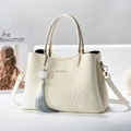Elegant white tote bag with marble pattern, gold hardware and tassel charm - Off White