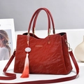 Elegant red Chinese style handbag with pleated texture and adjustable shoulder strap - Burgundy