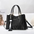 New Chinese style black pleated tote bag with large capacity and floral tassel charm - Black