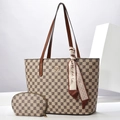 Set cabas classique à carreaux avec trousse assortie et détail élégant de foulard en soie - Style Damier Khaki (6629)