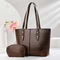 Vintage brown tote bag set with matching small pouch in minimalist retro faux leather style - Tote Bag and Pouch / Coffee