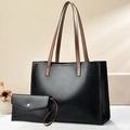 Elegant black PU leather tote bag with brown handles and matching envelope clutch set - 36x14x26 / Black