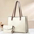 Minimalist beige PU leather tote bag with small matching pouch and brown straps - 36x14x26 / Off White