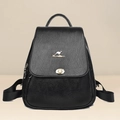 Classic black textured leather women's backpack with golden kangaroo logo and metal lock - Black with Kangaroo Logo and Lock