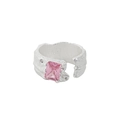 Irregular textured S925 silver open ring with rectangle pink gemstone and zircon - Silver With Pink Stone