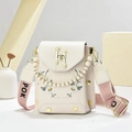 Detail of floral embroidery and pearl chain on a cream crossbody vertical phone bag - Off White