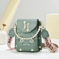 Floral embroidered phone crossbody bag in sage green with pearl strap and wide shoulder band - Green