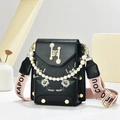Black leather crossbody phone bag with floral embroidery and pink fabric strap - Black