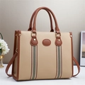 Large beige and brown contrast tote bag with colorful ribbon and lychee leather texture - Khaki