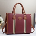 Large burgundy tote bag with brown handles and striped ribbon for commuting - Wine Red