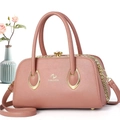 Close-up of pink PU leather handbag with gold U-shaped metal buckle and detachable strap - 29*14*16 / Dusty Pink