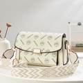 Beige printed crossbody bag with wide patterned strap and golden metallic buckle - Off White