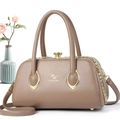 Detail of light brown doctor style handbag with lychee texture and gold metal clasp - 29*14*16 / Dark Khaki