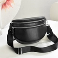 Fashionable black oxford crescent waist bag with wide strap and double silver zippers - Black PU Leather